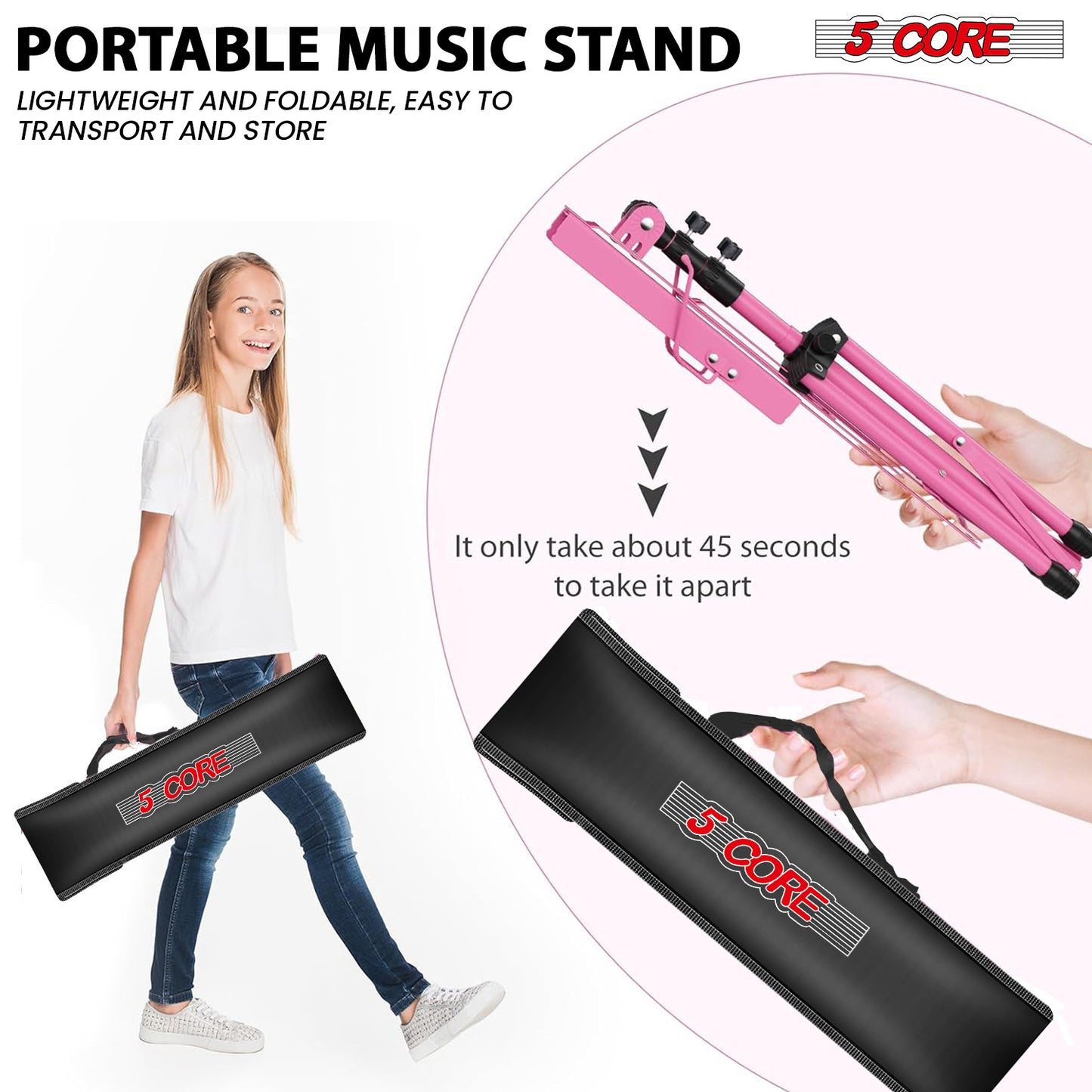 5 Core Music Stand Height Adjustable Desktop Book Stands Portable Sheet Holder All Metal Bookstand Foldable Atril Para Partituras w Carrying Bag & Clip Pink - MUS FLD PNK