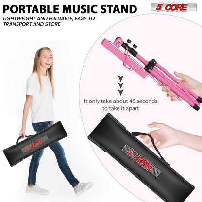 5 Core Music Stand Height Adjustable Desktop Book Stands Portable Sheet Holder All Metal Bookstand Foldable Atril Para Partituras w Carrying Bag & Clip Pink - MUS FLD PNK