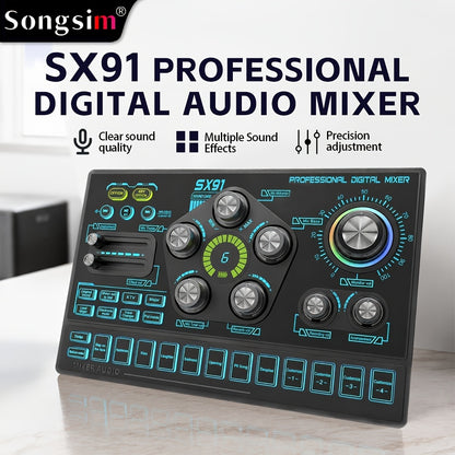 Professional Audio Mixer Console with RGB Backlit, USB Charging, 48V Phantom Power, XLR Mic Interface, Volume Faders, One-Key Mute, for Podcasting, Recording, Vocals, Gaming Voice - Black