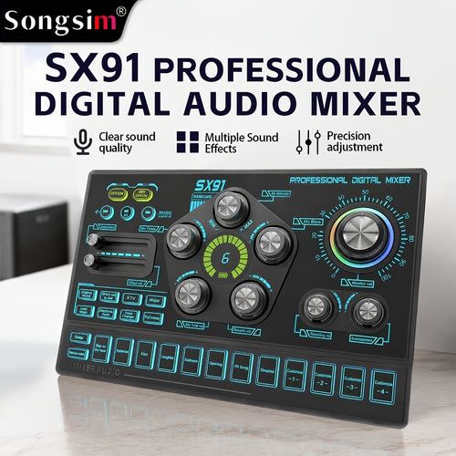 Professional Audio Mixer Console with RGB Backlit, USB Charging, 48V Phantom Power, XLR Mic Interface, Volume Faders, One-Key Mute, for Podcasting, Recording, Vocals, Gaming Voice - Black