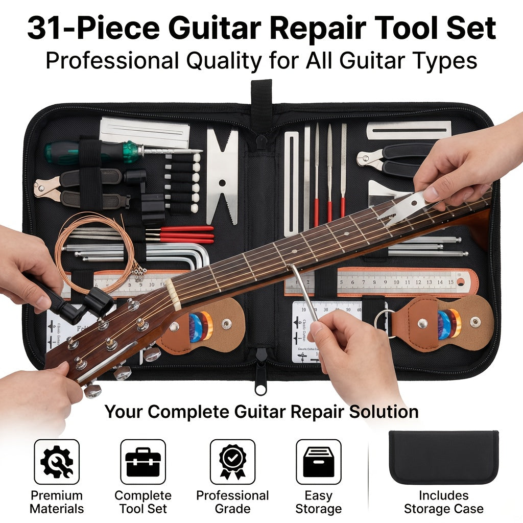31pcs Set for Guitar Maintenance, Including Tools for Luthiers, Winding, And Setup, Compatible with Guitars, Ukuleles, Basses, Mandolins, And Banjos