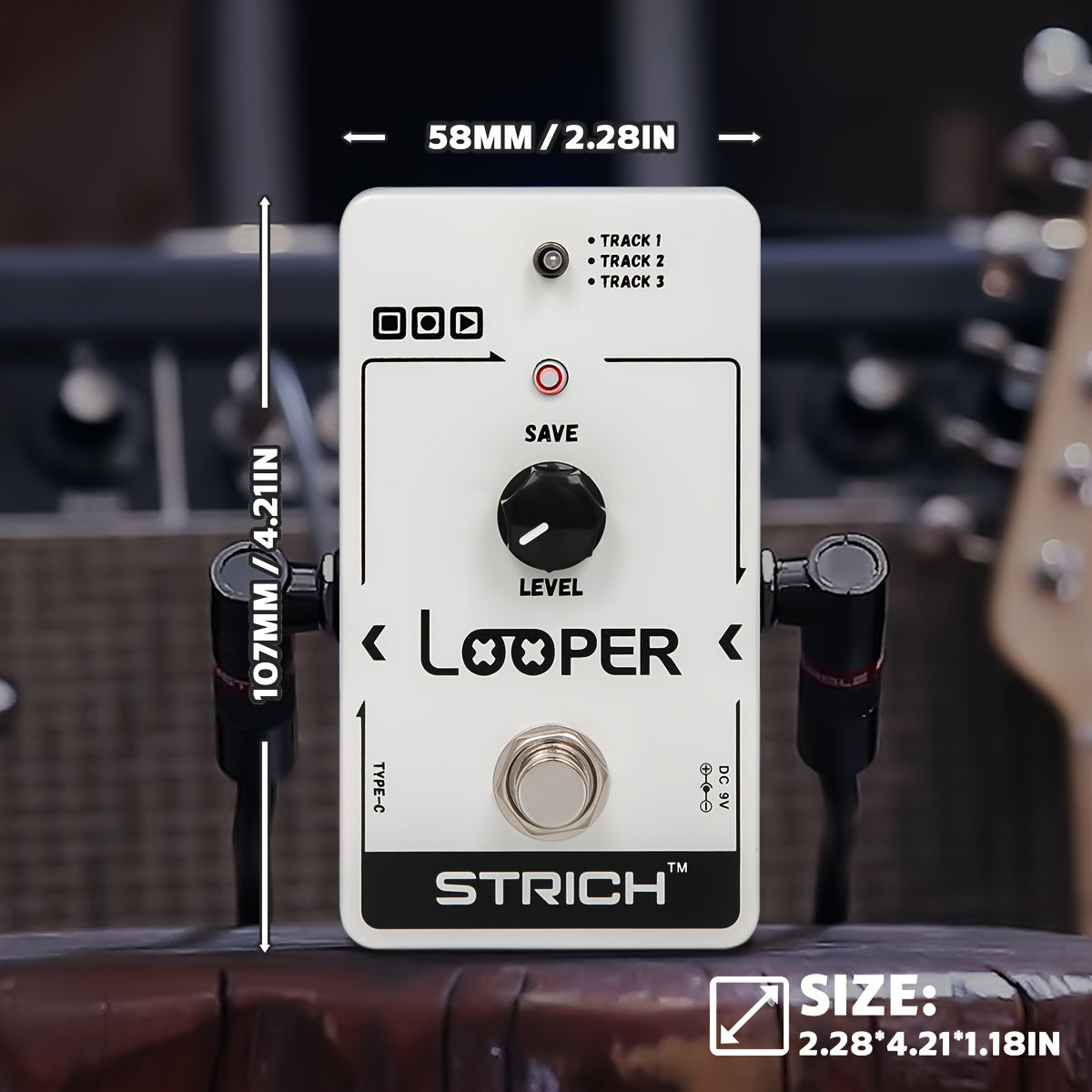 STRICH Looper Guitar Pedal with 3 Slots for Saving Loop Tracks, USB for Audio Import/Export, 90Mins, True Bypass for Electric Guitar, Pure White + Pedal Board Hook Loop Strips & USB