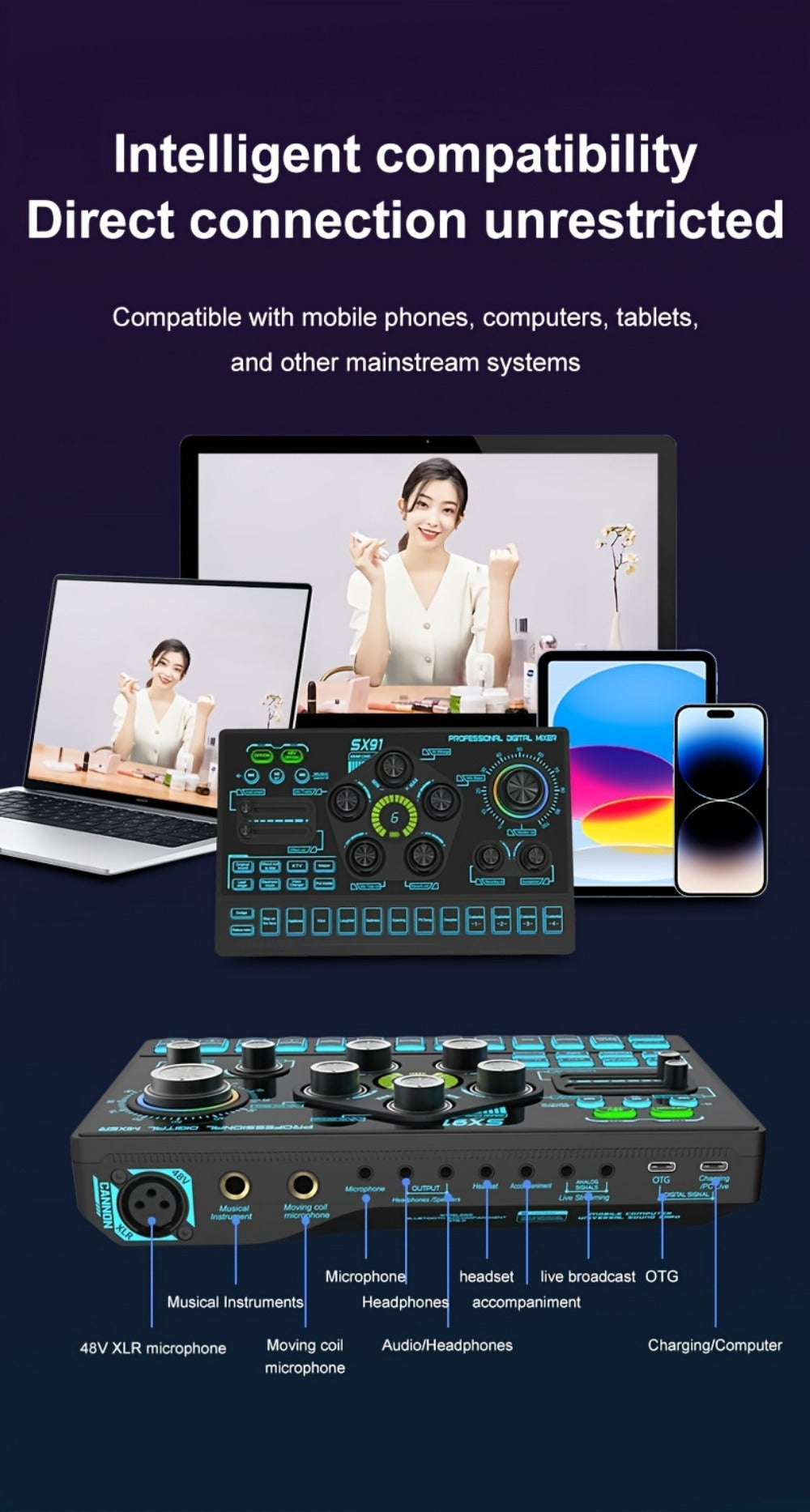 Audio Mixer, RGB, USB, Professional, Console for Live Sound for Home Practice, Rehearsal