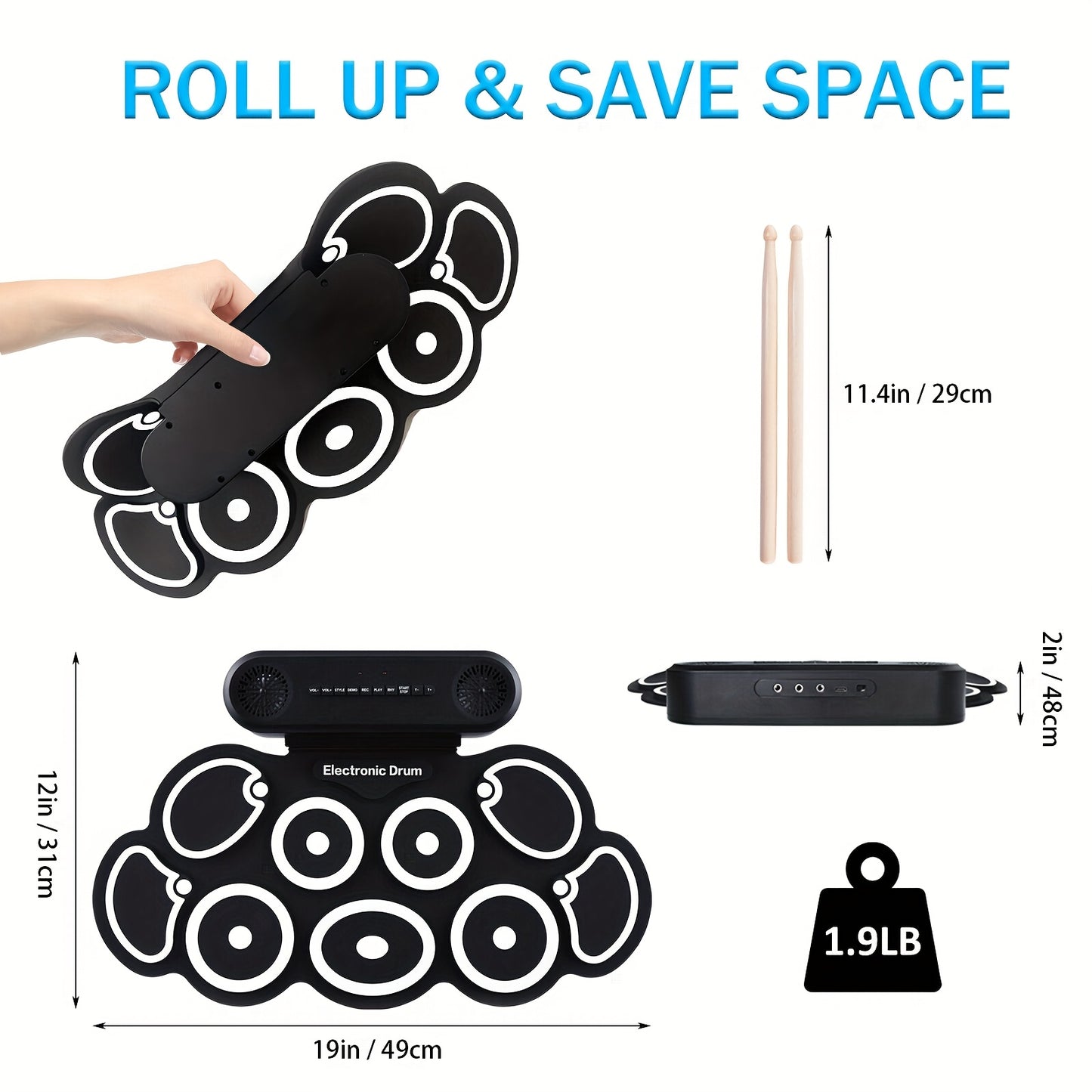 Electronic Drum Set, 9-Pads Roll-Up Electric Drum Pad Kit with Headphone Jack 10Hrs Playtime Built-in Speaker with Drumsticks Pedals, Xmas Birthday Gift for Adults, Student, Black