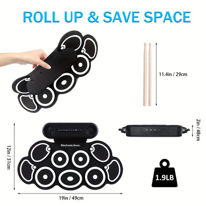Electronic Drum Set, 9-Pads Roll-Up Electric Drum Pad Kit with Headphone Jack 10Hrs Playtime Built-in Speaker with Drumsticks Pedals, Xmas Birthday Gift for Adults, Student, Black