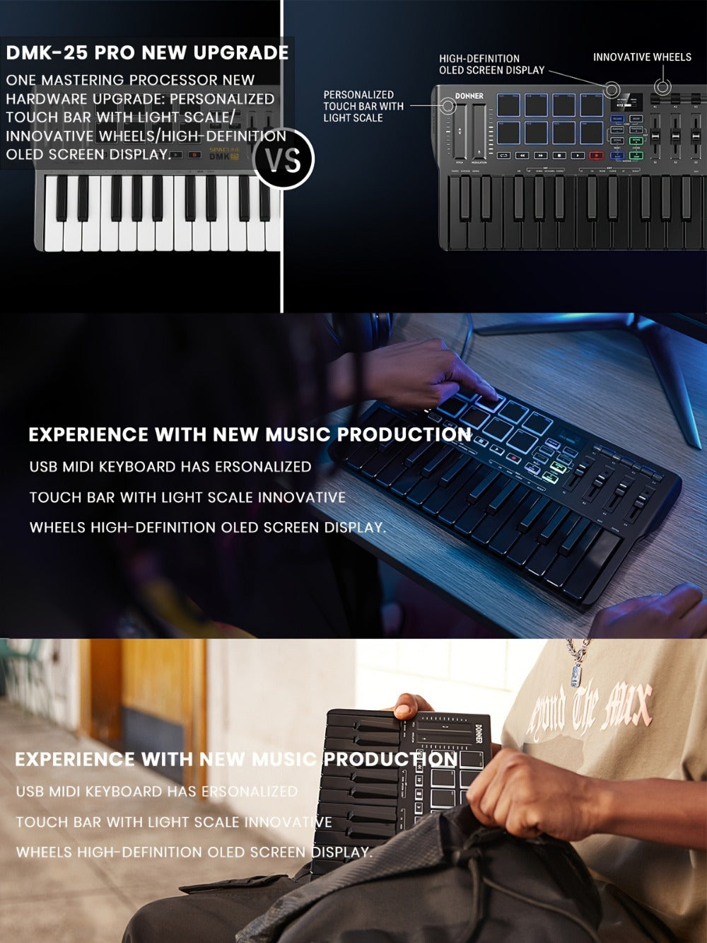 MIDI Keyboard Controller, USB-C, USB, Donner, DMK25, Pro for Music Production