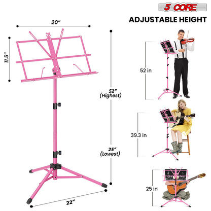 5 Core Music Stand Height Adjustable Desktop Book Stands Portable Sheet Holder All Metal Bookstand Foldable Atril Para Partituras w Carrying Bag & Clip Pink - MUS FLD PNK