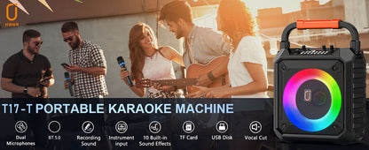 Portable Karaoke Speaker with Two Microphones And DJ Lights, Perfect for Home Parties And Gatherings. This Wireless PA System Supports USB, AUX Input, And Recording