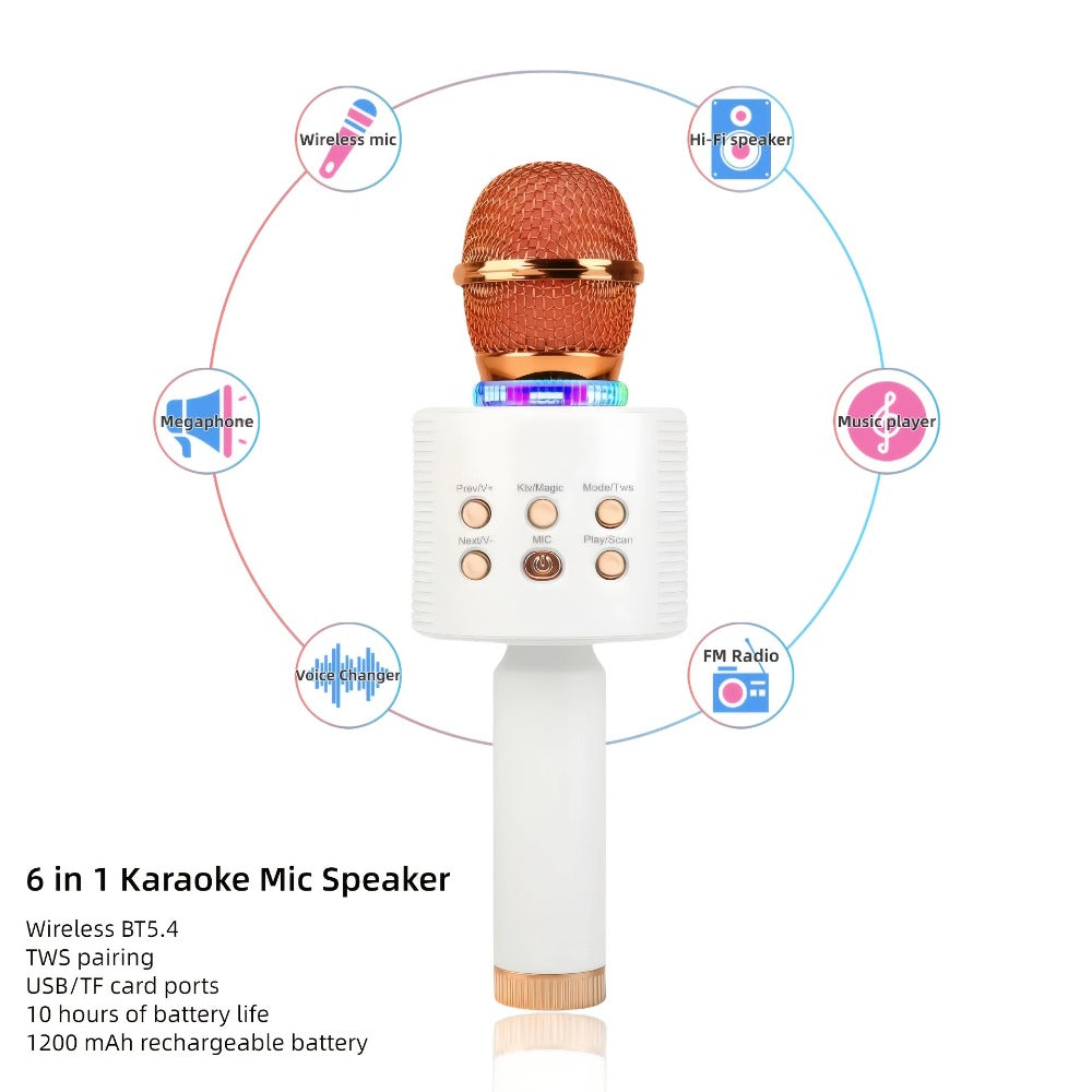 6-in-1 Wireless Karaoke Microphone Speaker with LED Lights and TWS