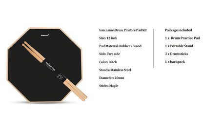 12-Inch Drum Practice Pad Set with Adjustable Snare Stand, Sticks and Bag