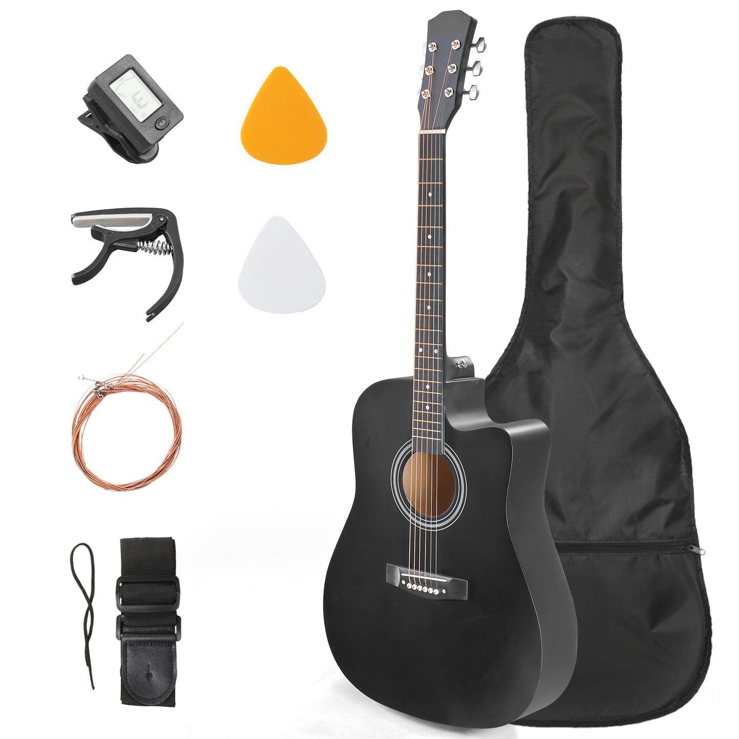 30-Inch Basswood Cutaway Basswood Acoustic Folk Guitar, Matte Black/ Gloss End
