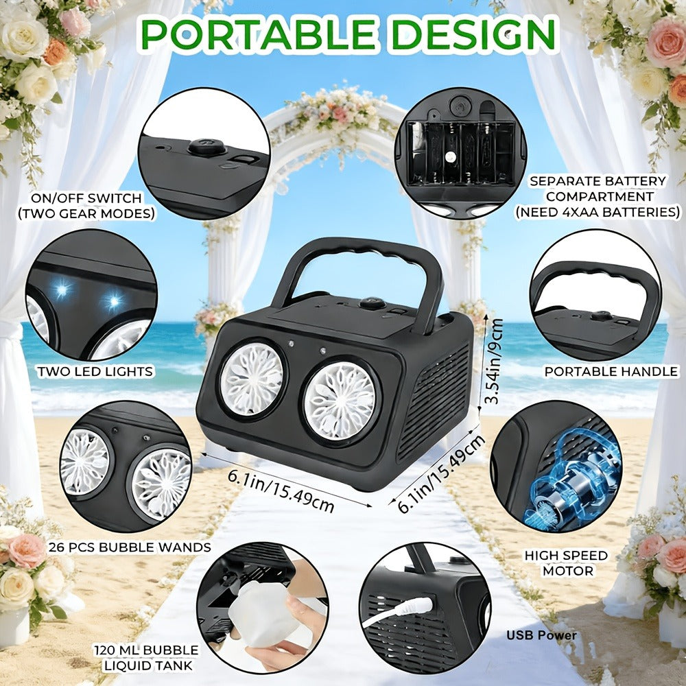 Portable Dual-Fan Bubble Machine with LED Lights and Carry Handle