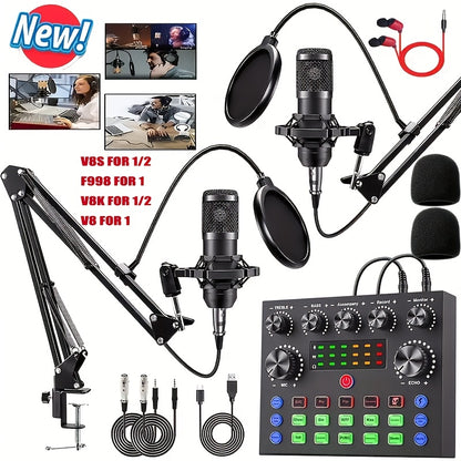 Podcast Equipment Bundle, BM-800 Recording Studio Package with Voice Changer, Live Sound Card - Audio Interface for Laptop Computer Vlog Living Broadcast Live Streaming [V8S for 1/2/V8/V8K for 1/2/F998/M6/V10X Pro], Includes Complimentary Earphones