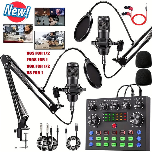 Podcast Equipment Bundle, BM-800 Recording Studio Package with Voice Changer, Live Sound Card - Audio Interface for Laptop Computer Vlog Living Broadcast Live Streaming [V8S for 1/2/V8/V8K for 1/2/F998/M6/V10X Pro], Includes Complimentary Earphones