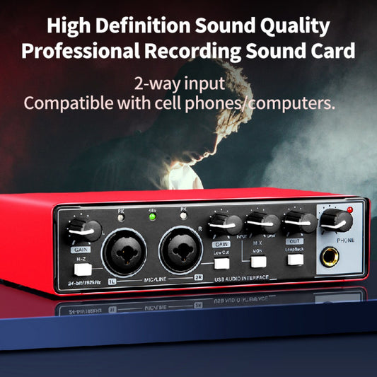 Professional 2-Channel Audio Interface Sound Card - Studio Mixer for Electric Guitar Live Recording, 24Bit/ 192Khz High-Resolution, XLR Interface with 48V Phantom Power Supply