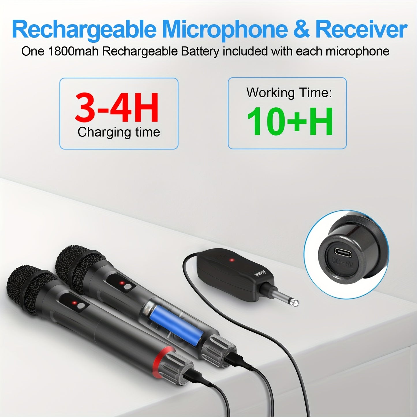 Cordless Dynamic Microphone System with Rechargeable Wireless Mics, Featuring an Auto-Connect Receiver, Lasting 10 Hours, And a Range of 100 Feet, Ideal for Karaoke, Parties, And Public Address Systems