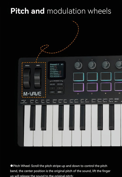 MIDI Keyboard Controller, Pure Black, Wireless, M-VAVE, SMK37PRO, Professional for Music