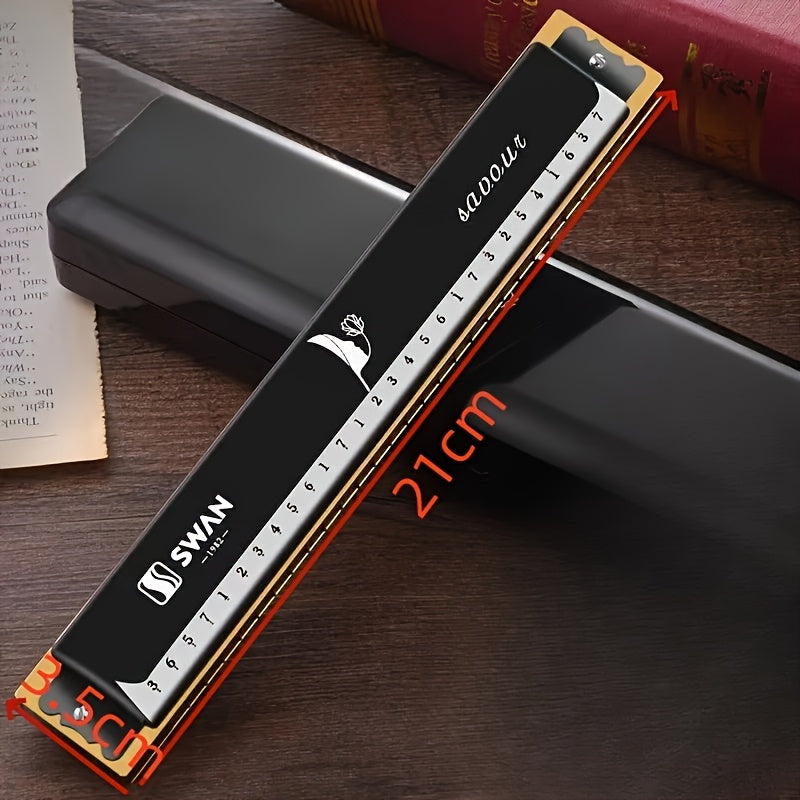 SWAN 28-Hole Chromatic Harmonica In C Key Wide Sound Range High-end Adult Heavy Sound Professional Performance 28-Hole Alphabet Beginner Model- Black Chromatic C Tuning