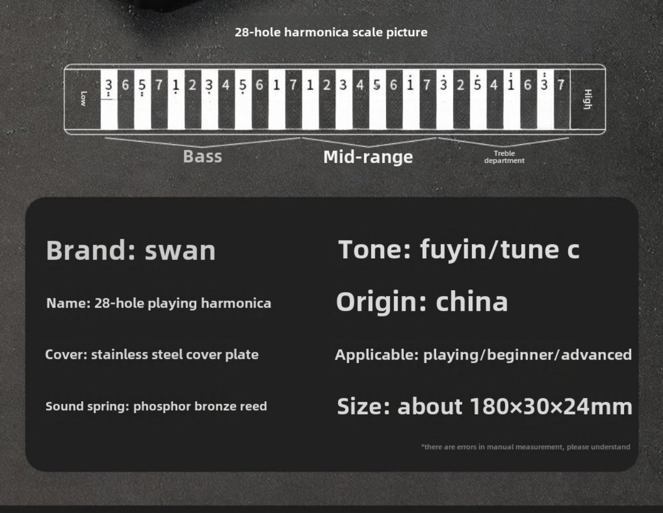 Blues Harmonica, SWAN, 28-Hole, Chromatic for Blues Practice