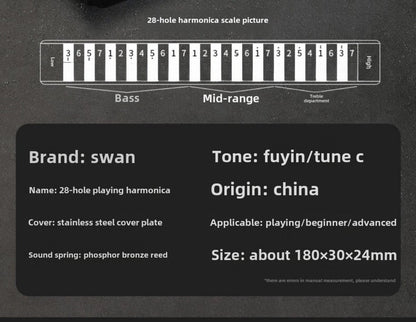 Blues Harmonica, SWAN, 28-Hole, Chromatic for Blues Practice