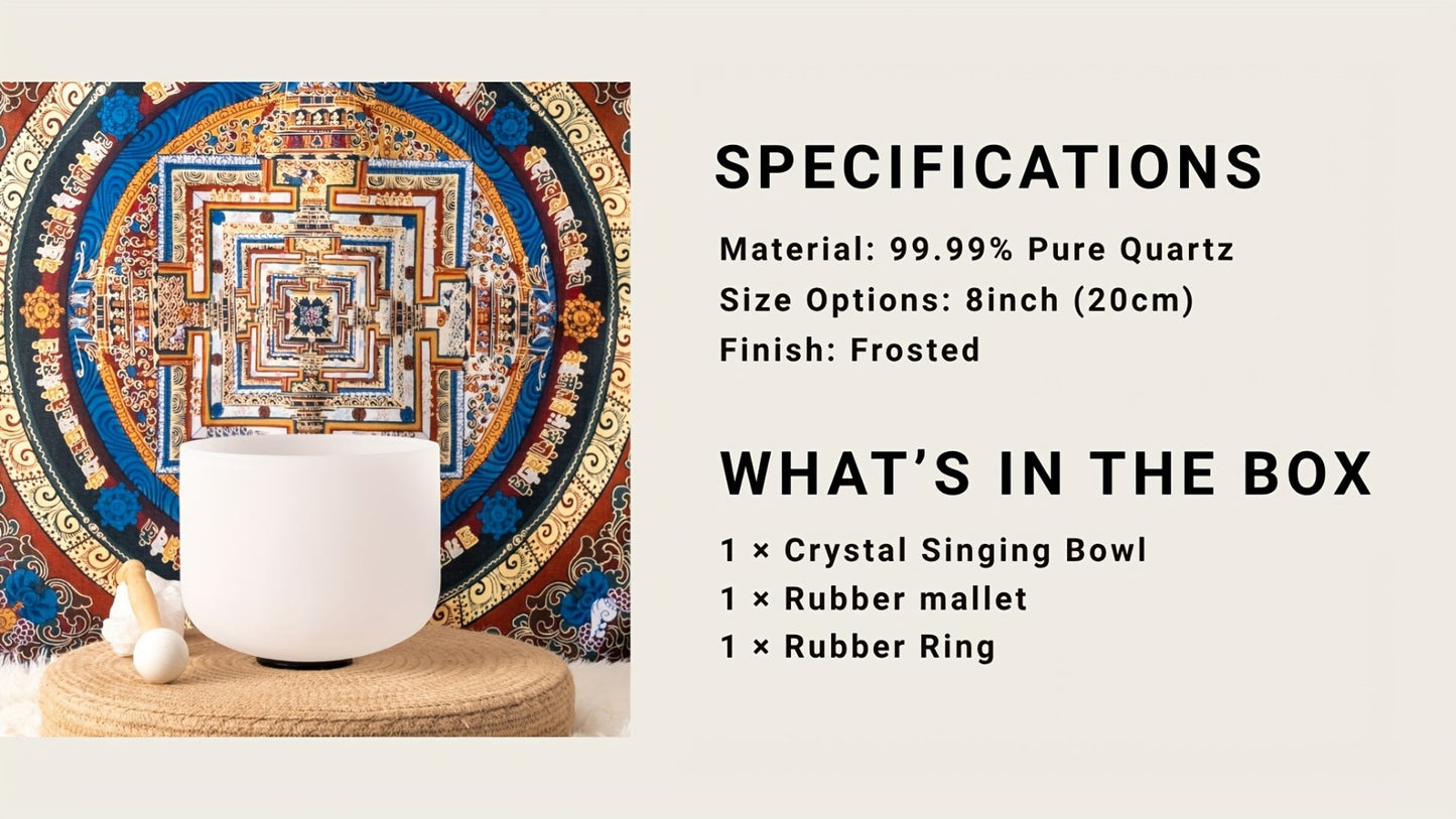 Quartz Crystal Singing Bowl, 8-Inch White Sound Bowl with Mallet