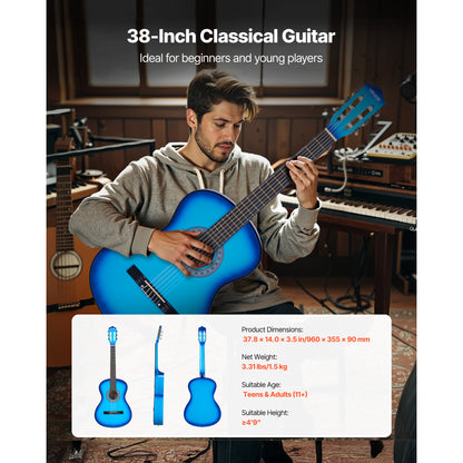 VEVOR Classical Guitar 38 in Guitar Beginner Starter Kit Nylon Strings Black/Natural Color/Blue/Pink/Sunrise Color