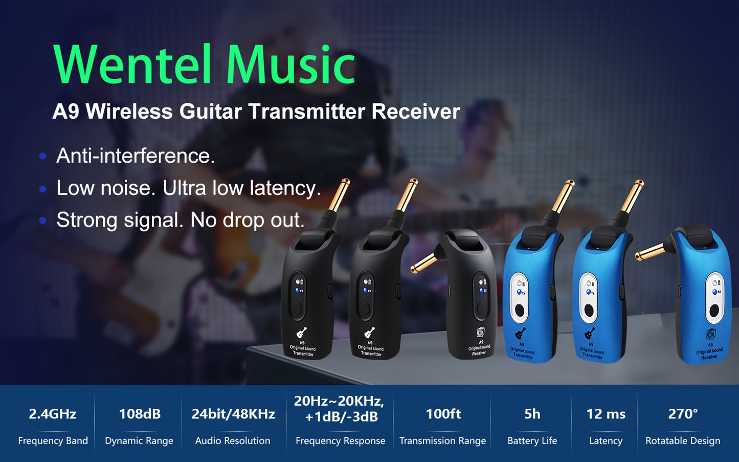Wireless Guitar System 2.4Ghz Built-In Rechargeable Lithium Battery 270° Rotate Audio Wireless Transmitter Receiver for Guitar Bass Violin Keyboard Electric Instruments - 2 Transmitter And 1 Receiver - Black/Blue