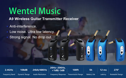 Wireless Guitar System 2.4Ghz Built-In Rechargeable Lithium Battery 270° Rotate Audio Wireless Transmitter Receiver for Guitar Bass Violin Keyboard Electric Instruments - 2 Transmitter And 1 Receiver - Black/Blue