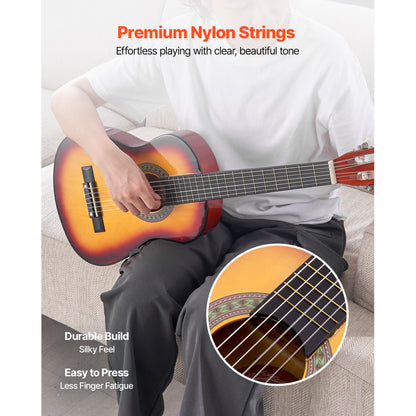 VEVOR Classical Guitar 30 in Guitar Beginner Starter Kit Nylon Strings Sunburst Sunrise Color/Black/Natural Color/Pink