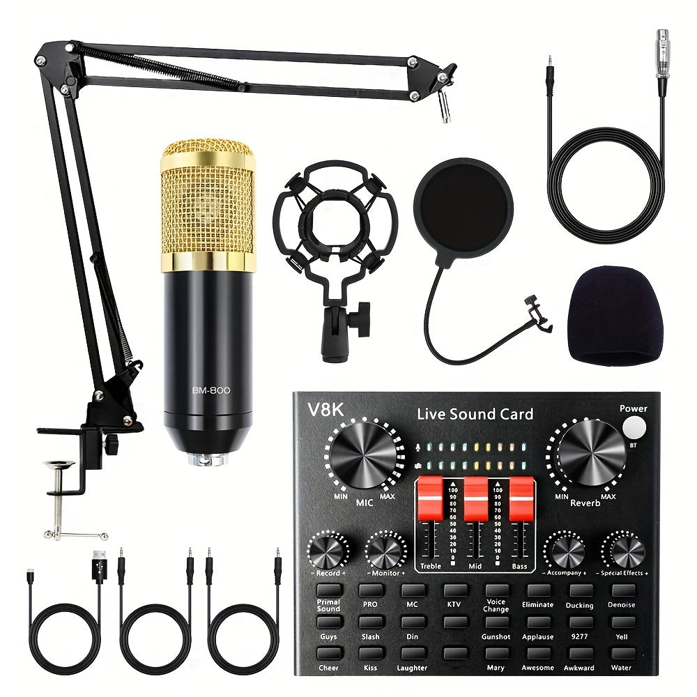 Podcast Equipment Bundle, BM-800 Recording Studio Package with Voice Changer, Live Sound Card - Audio Interface for Laptop Computer Vlog Living Broadcast Live Streaming [V8S for 1/2/V8/V8K for 1/2/F998/M6/V10X Pro], Includes Complimentary Earphones