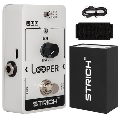 STRICH Looper Guitar Pedal with 3 Slots for Saving Loop Tracks, USB for Audio Import/Export, 90Mins, True Bypass for Electric Guitar, Pure White + Pedal Board Hook Loop Strips & USB