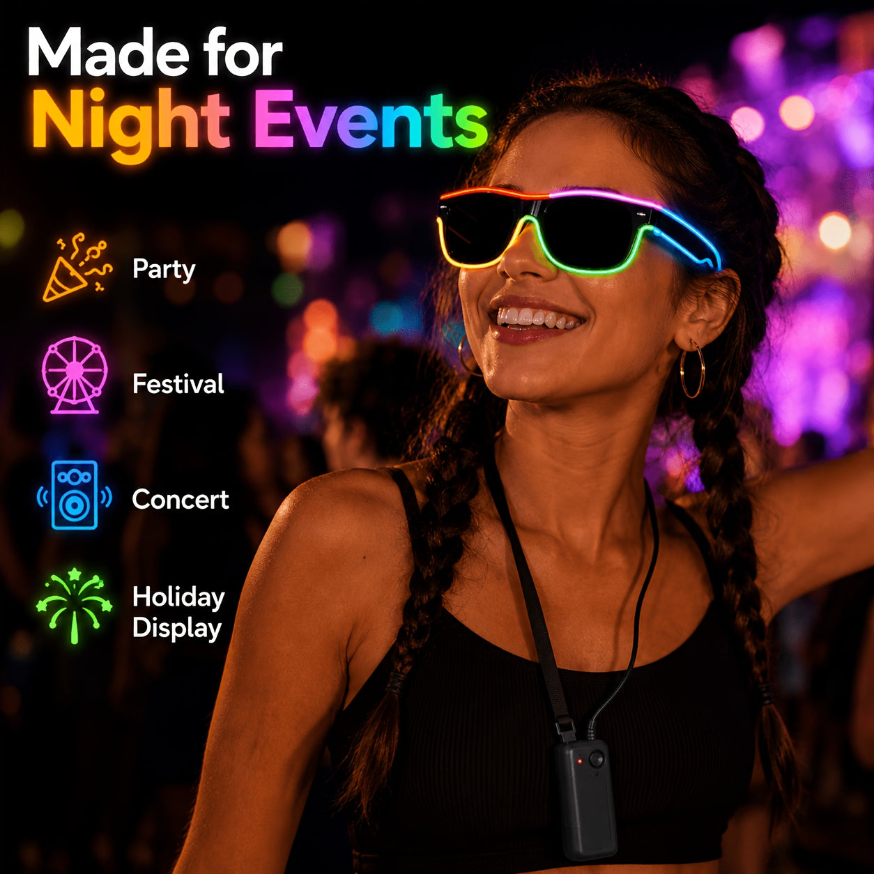 [Halloween Cosplay Raves] Multi-Color EL Wire LED Glowing Glasses - Flexible Adjustable Light-Up Costume Accessories With Portable Battery Pack For Halloween, Cosplay, Raves, Festivals, Night Parties, Carnival & Glow-in-the-Dark Events