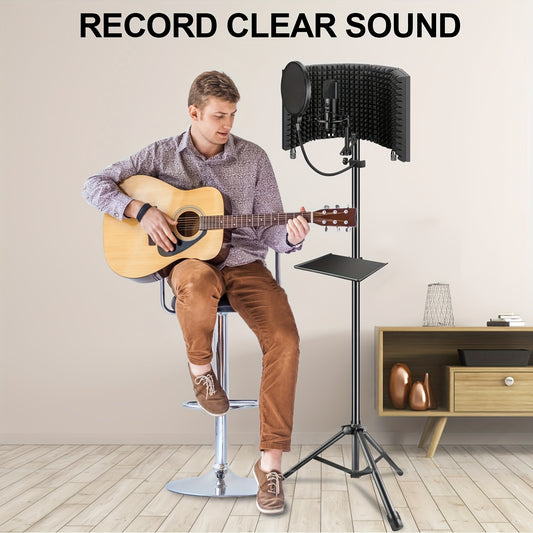 Aokeo Studio recording microphone isolation shield, with pop filter and tripod bracket, high-density water absorbing foam to filter voice, foldable sound shield for blue snowman and condenser microphone