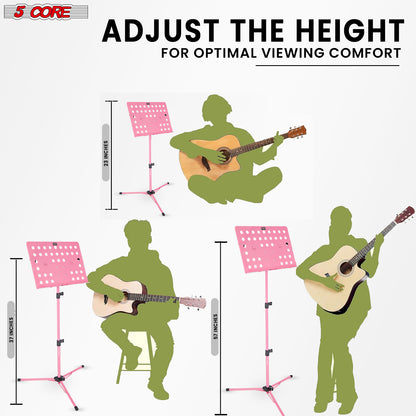 5 Core Music Stand Height Adjustable Desktop Book Stands Portable Sheet Holder All Metal Bookstand Foldable Atril Para Partituras w Carrying Bag Light & Clip Pink - MUS FLD HD ACC PNK