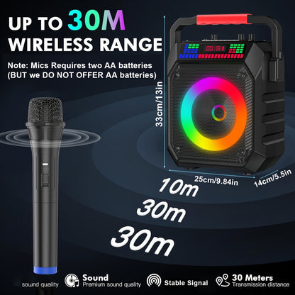 Portable Karaoke System Featuring a Wireless Speaker And Two Microphones, Suitable for Both Adults And Children. It Includes Lights And an Autotune DSP Chip, And Supports TWS, TF Card, USB, AUX, And Live Functions, Making It Perfect for Home Parties
