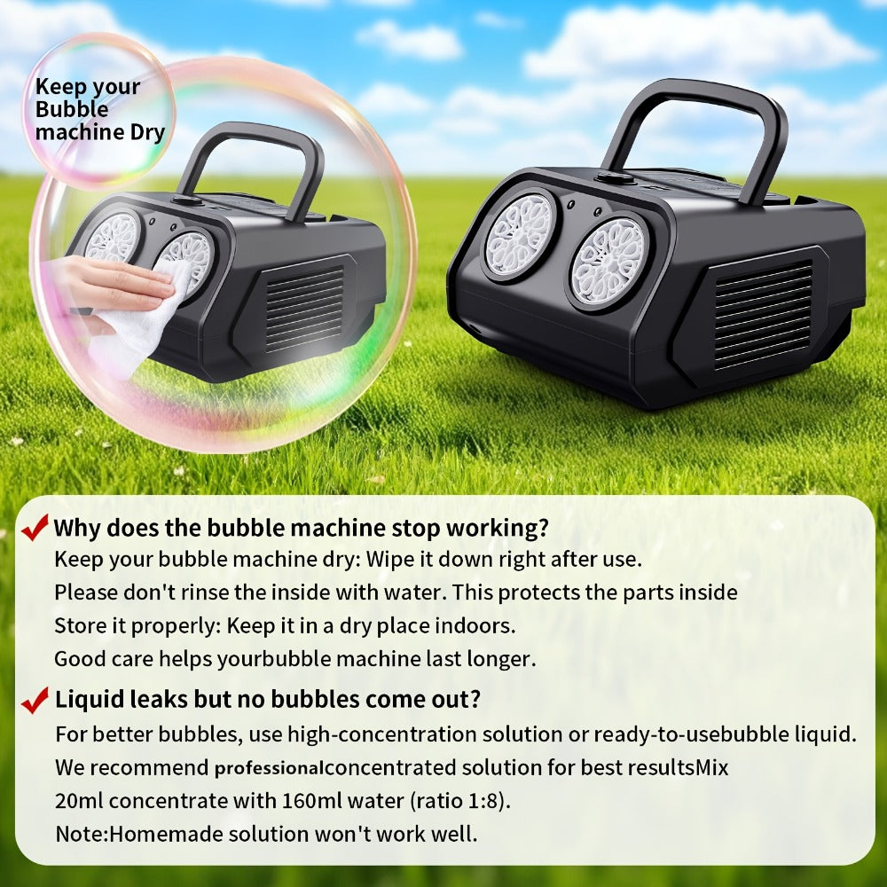 Portable Dual-Fan Bubble Machine with LED Lights and Carry Handle