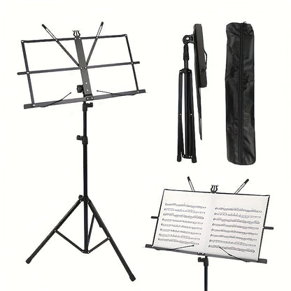 2-in-1 Portable Folding Music Stand & Desktop Book Holder - Dual-Use Sheet Music Stand with Clip Holder & Carrying Bag Suitable for Musicians, Teachers, Students, for,, Concerts, Travel - Lightweight Compact for Sheet Music