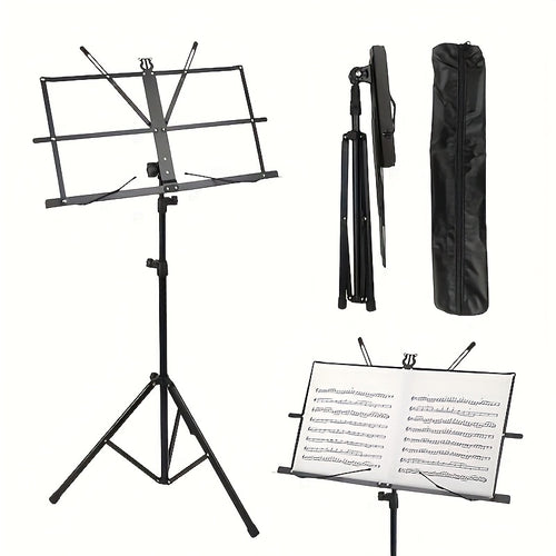 2-in-1 Portable Folding Music Stand & Desktop Book Holder - Dual-Use Sheet Music Stand with Clip Holder & Carrying Bag Suitable for Musicians, Teachers, Students, for,, Concerts, Travel - Lightweight Compact for Sheet Music