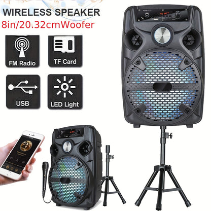 Portable Wireless Bluetooth Speaker, Heavy Bass PA Sound System Stereo, 8" 12" 15" Subwoofer with Stand, TWS FM AUX LED DJ Lights, Microphone Tripod Handle, Rechargeable for RV Car Truck Karaoke Machine