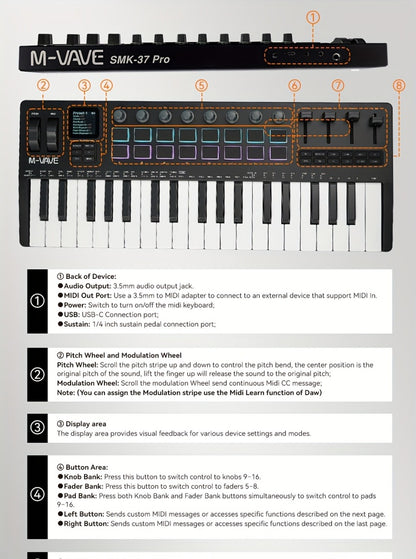 MIDI Keyboard Controller, Portable, 37 Keys, M-VAVE, SMK-37, Pro for Music Production