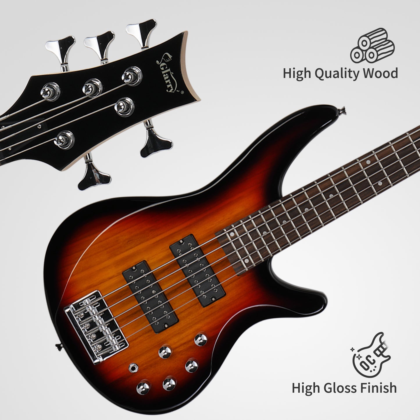 Electric Bass Guitar with a 44-Inch GIB 5-String H-H Pickup, Featuring a Laurel Wood Fingerboard, Accompanied by a And Additional Additions in Sunset Color