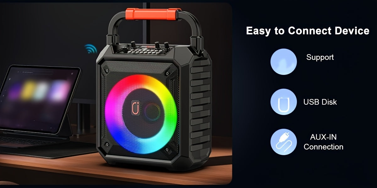Portable Karaoke Speaker with Two Microphones And DJ Lights, Perfect for Home Parties And Gatherings. This Wireless PA System Supports USB, AUX Input, And Recording