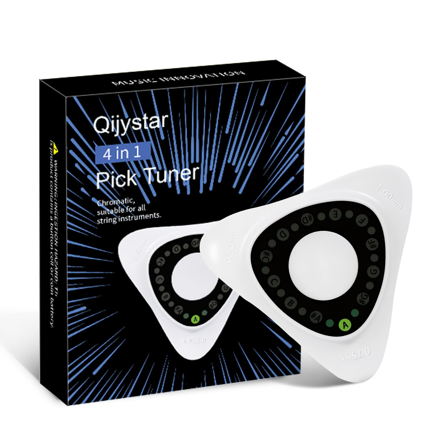 Guitar Tuner Pick 4-in-1 - 0.5-0.75-1.0mm Plectrum, 12 Equal Temperaments, Precision Tuning for Electric & Acoustic Guitars, Bass, Ukulele, Violin, Bass, Banjo, Chromatic