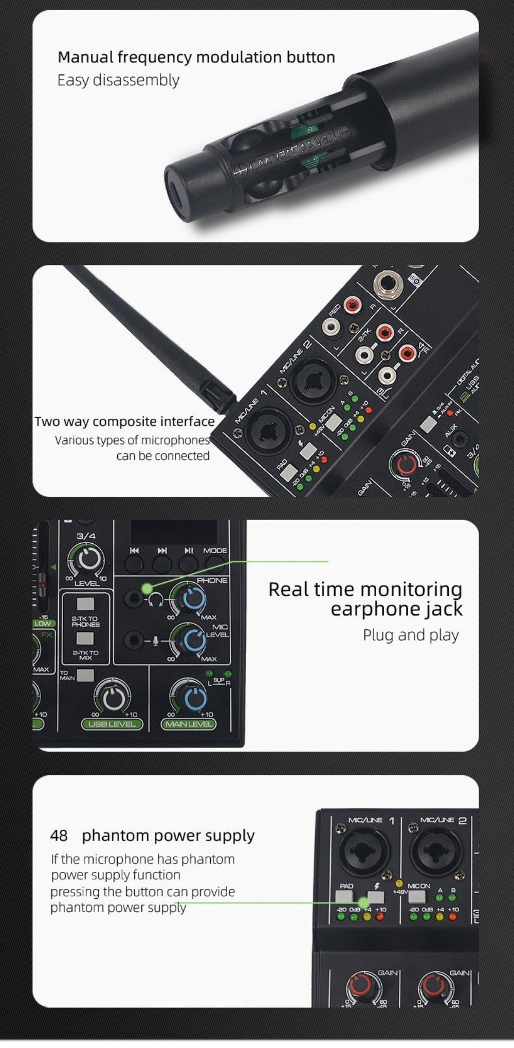 Audio Mixer, Wireless, USB, High-Quality, 4-Channel, UHF for Live Sound
