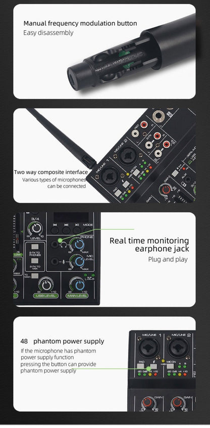 Audio Mixer, Wireless, USB, High-Quality, 4-Channel, UHF for Live Sound