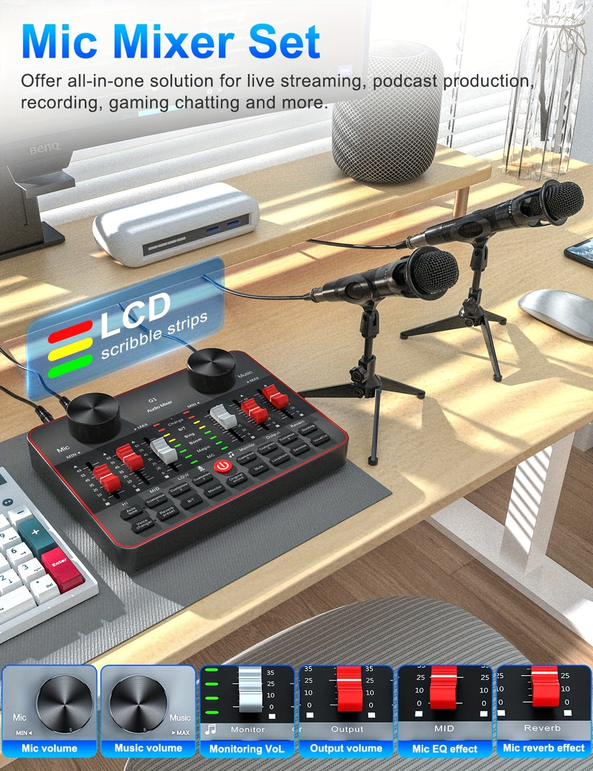 Podcast Equipment Bundle, All-in-One Audio Interface DJ Mixer with 2 Condenser Microphones, Recording Studio Kit Live Sound Card for Singing Broadcast, Live Streaming, Gaming