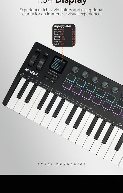 MIDI Keyboard Controller, Pure Black, Wireless, M-VAVE, SMK37PRO, Professional for Music