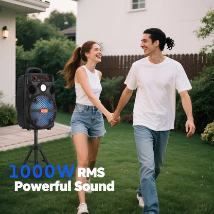 [Portable, BT/TF/TWS/USB/AUX] 1000W Rechargeable Outdoor Wireless Speaker Portable PA System W/ 8" Subwoofer, LED Lights, BT/TF/TWS/USB/AUX, Includes Microphone And Stand, Perfect for Party, Camping, Beach