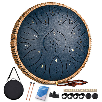 Steel Tongue Drum, 13 Inches 15 Notes Tongue Drum, Steel Drums for Adults, Drum Set with Song Book, Drum Mallets, Drum Music Instruments C Major, Outdoor Decor