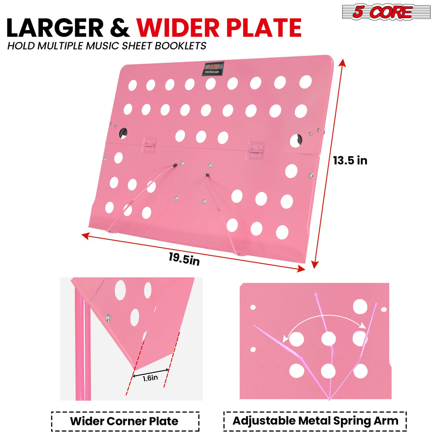 5 Core Music Stand Height Adjustable Desktop Book Stands Portable Sheet Holder All Metal Bookstand Foldable Atril Para Partituras w Carrying Bag Light & Clip Pink - MUS FLD HD ACC PNK
